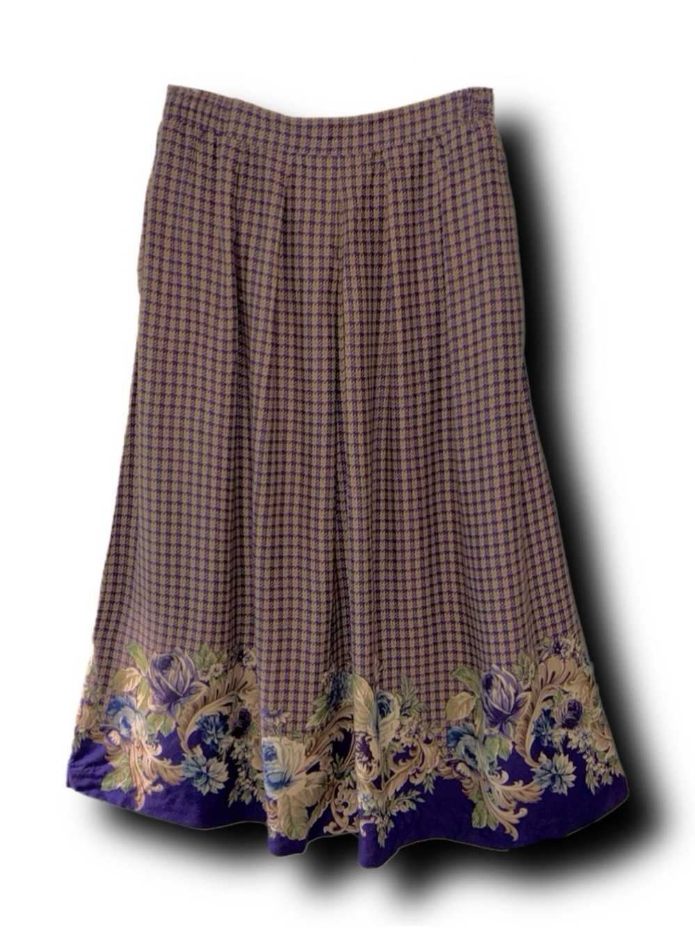 Vintage 90s Jantzen Classics Purple Plaid w Floral Border A-Line Midi Skirt